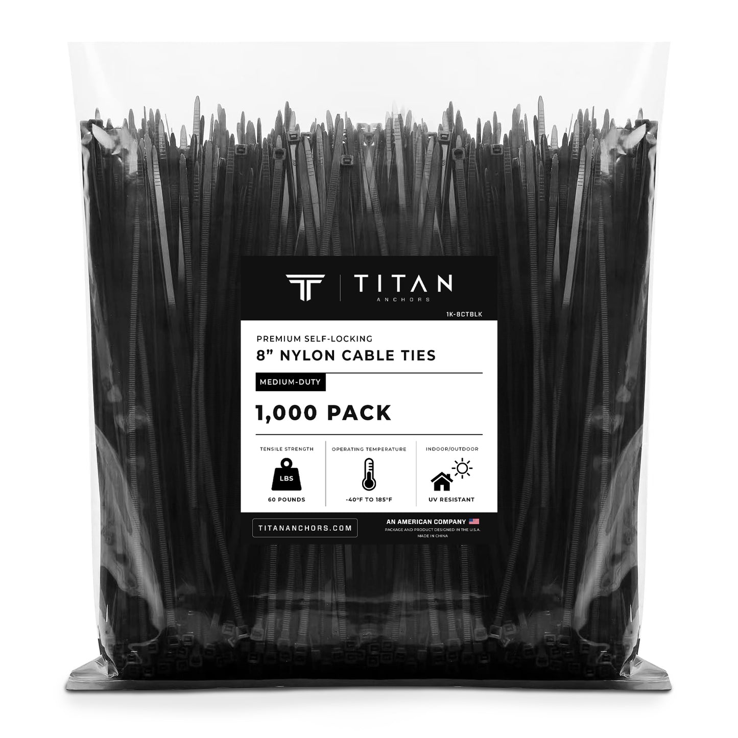 1000-Pack Premium 8-inch Black Nylon Zip Ties (60 Lbs. Tensile Strength / UV Resistant)