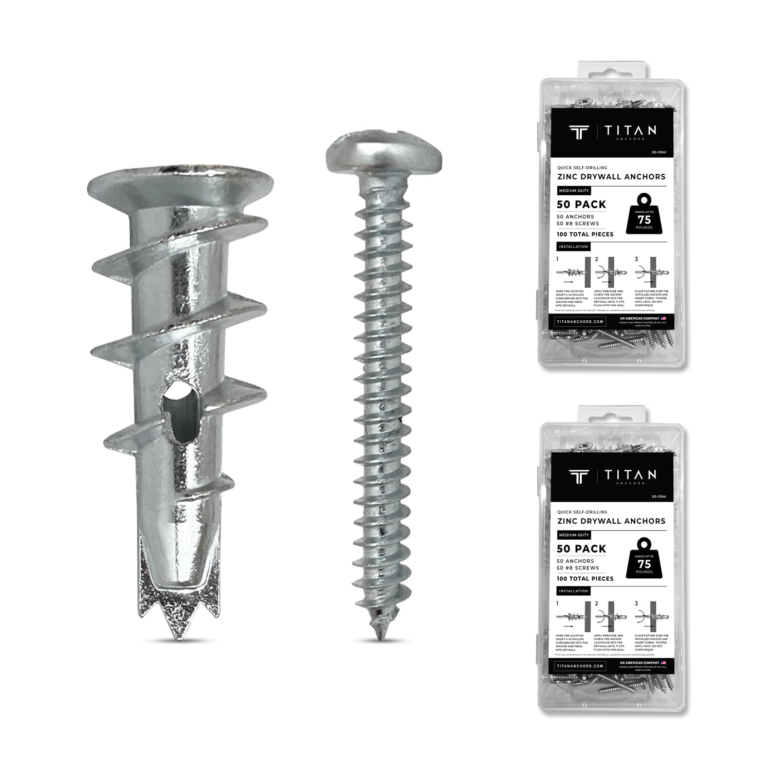 100-Pack Quick Self-Drilling Zinc Drywall Anchors with Screws Titan Anchors