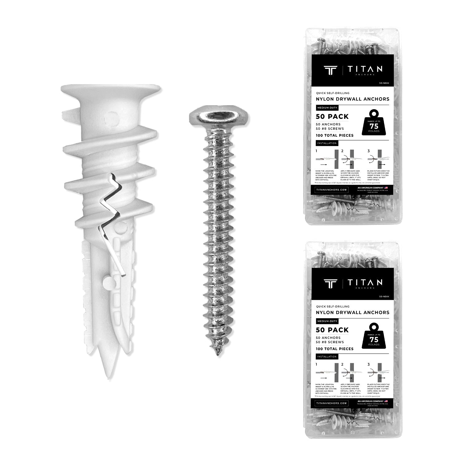 100-Pack Self-Drilling Reinforced Nylon Drywall Anchors with Screws Titan Anchors