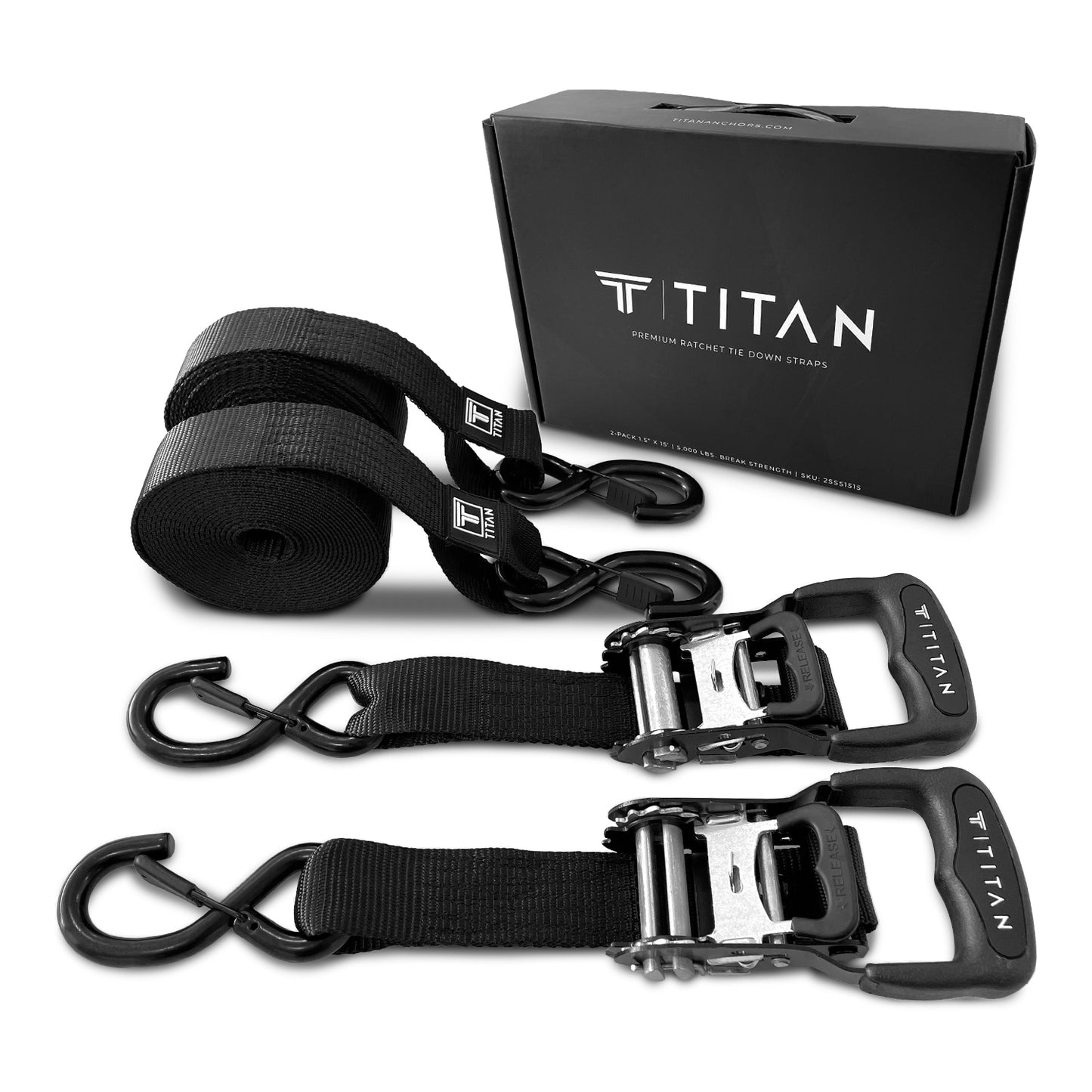 titan anchors heavy duty tie down ratchet straps 1.5" x 15' 2-pack