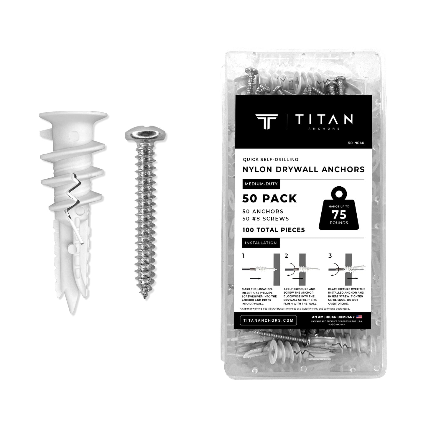 TITAN ANCHORS SELF-DRILLING NYLON DRYWALL ANCHORS 50-PACK