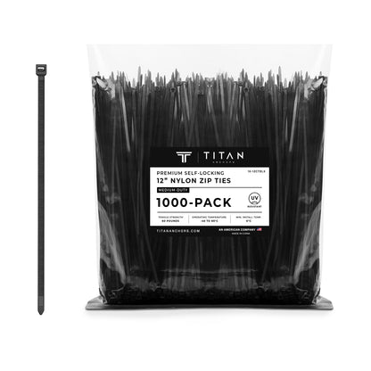 1000-Pack Premium 12-inch Black Nylon Zip Ties (60 Lbs. Tensile Strength / UV Resistant)