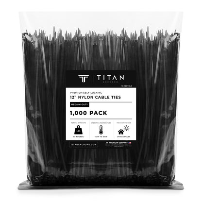 1000-Pack Premium 12" Black Nylon Zip Ties (60 Lbs. Tensile Strength / UV Resistant)