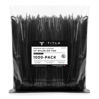 1000-Pack Premium 14" Black Nylon Zip Ties (60 Lbs. Tensile Strength / UV Resistant)