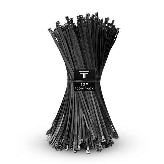 1000-Pack Premium 12" Black Nylon Zip Ties (60 Lbs. Tensile Strength / UV Resistant)